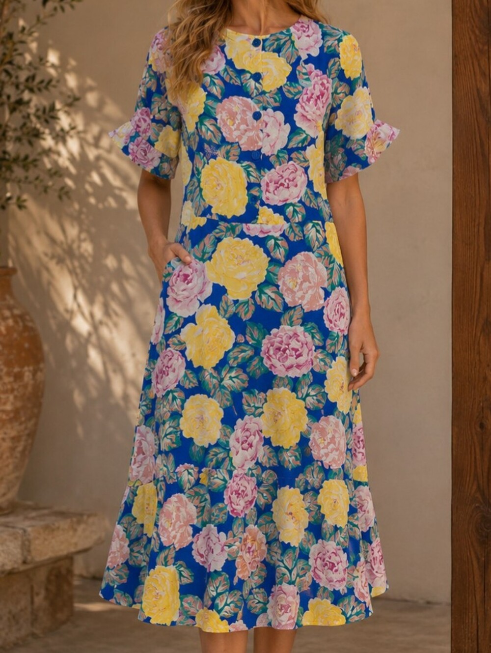 Vintage Orite 80s Floral Midi Dress Cobalt Rose Drop Waist Shoulder Pads L